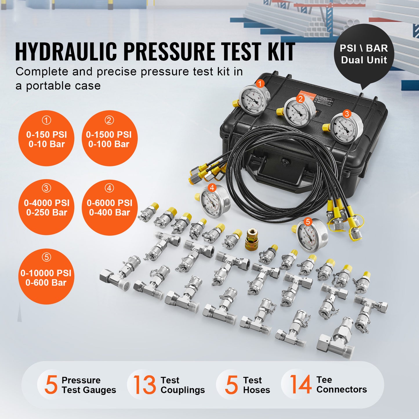 Hydraulic Pressure Test Kit – 5 Gauges, 13 Couplings, 14 Tees + Carrying Case
