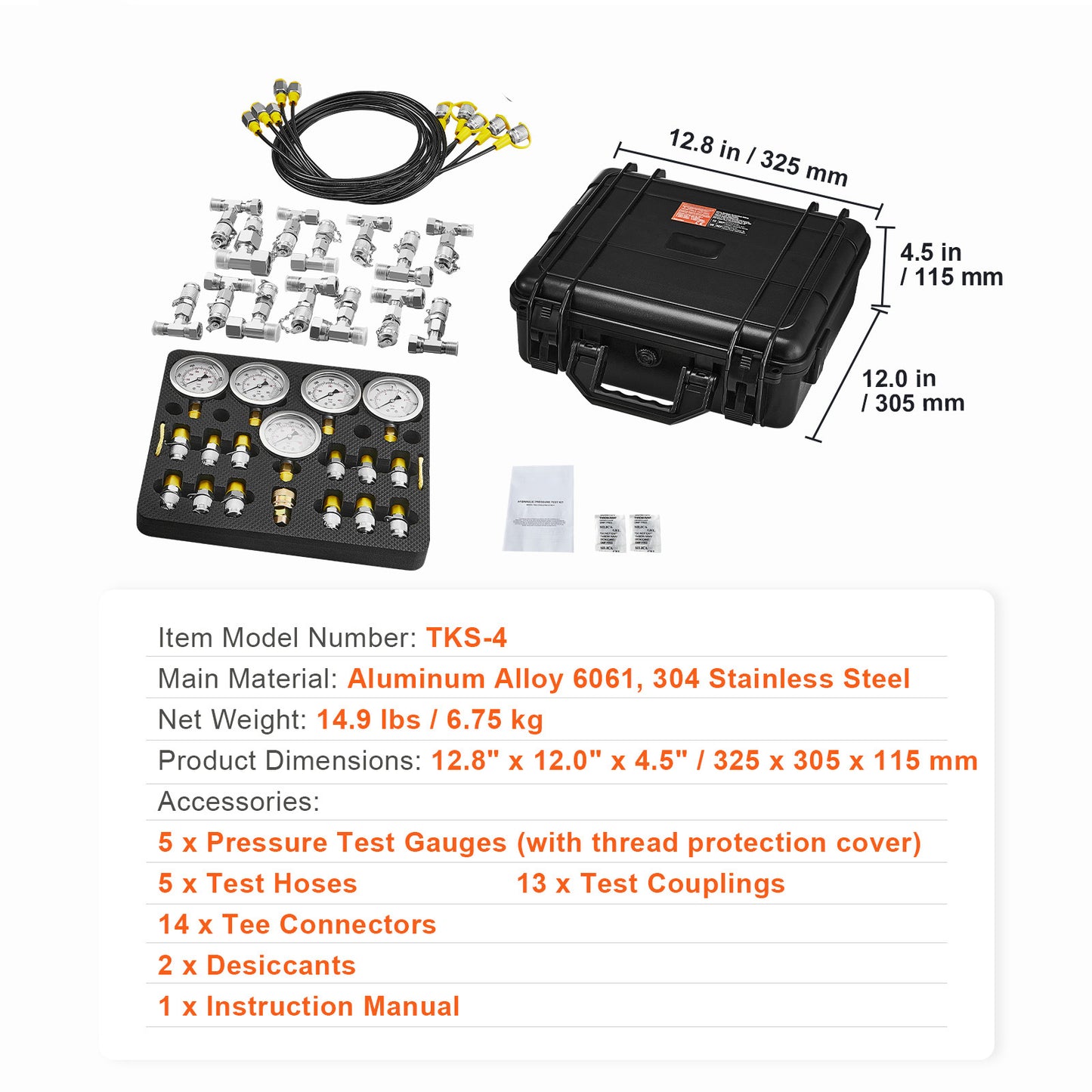 Hydraulic Pressure Test Kit – 5 Gauges, 13 Couplings, 14 Tees + Carrying Case